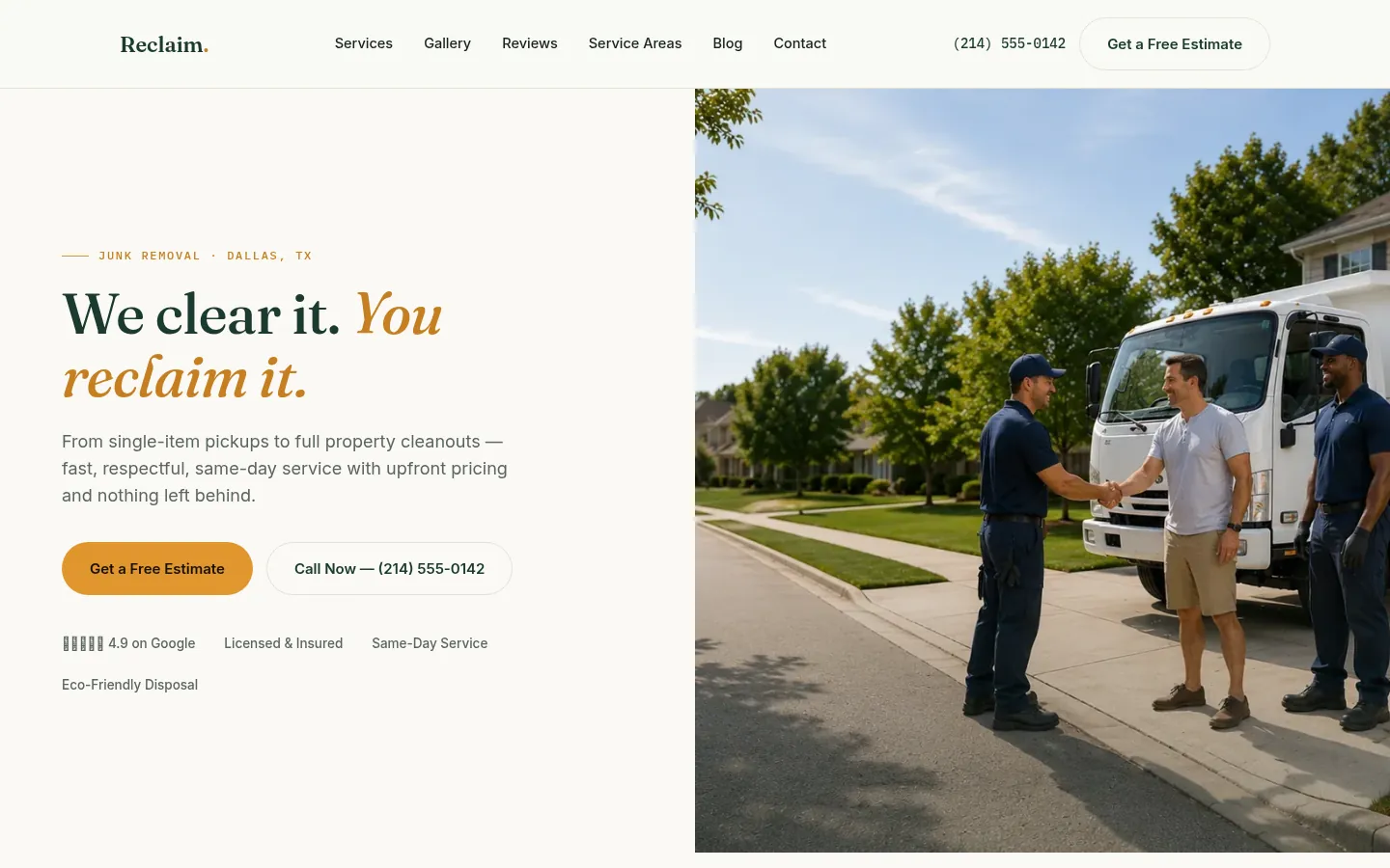 Homepage of the Reclaim Junk Removal website built by Topmost Funnel